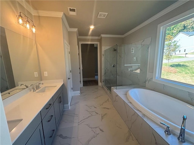 bathroom with vanity, crown molding, and separate shower and tub