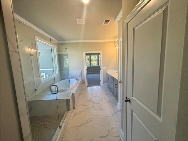 bathroom with vanity, separate shower and tub, and ornamental molding