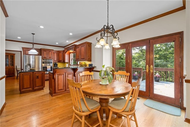 3525 Stone Cliff Way, Woodstock, GA 30189 - dining area with crown molding, a chandelier, light wood finished floors, french doors, and recessed lighting
