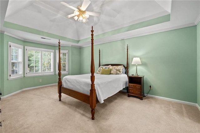 3525 Stone Cliff Way, Woodstock, GA 30189 - carpeted bedroom with a tray ceiling, baseboards, ornamental molding, and a ceiling fan