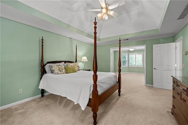 3525 Stone Cliff Way, Woodstock, GA 30189 - bedroom featuring a tray ceiling, light carpet, baseboards, and ceiling fan