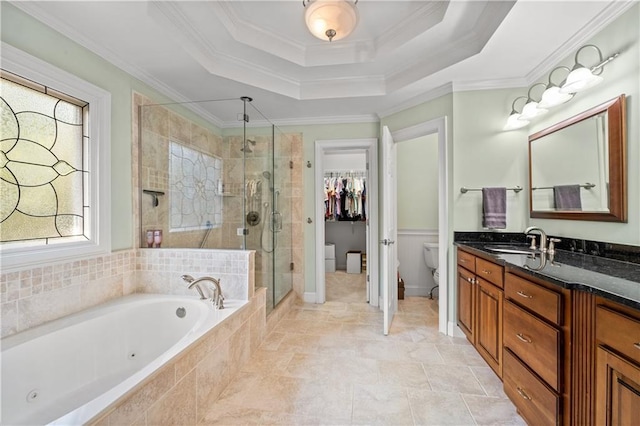 3525 Stone Cliff Way, Woodstock, GA 30189 - bathroom with toilet, a shower stall, a tub with jets, vanity, and crown molding