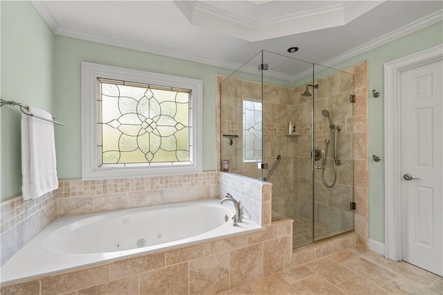 3525 Stone Cliff Way, Woodstock, GA 30189 - bathroom with a whirlpool tub, a stall shower, and ornamental molding