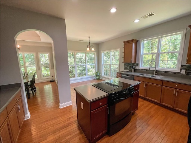 kitchen with black / electric stove, stainless steel dishwasher, sink, a center island, and hanging light fixtures