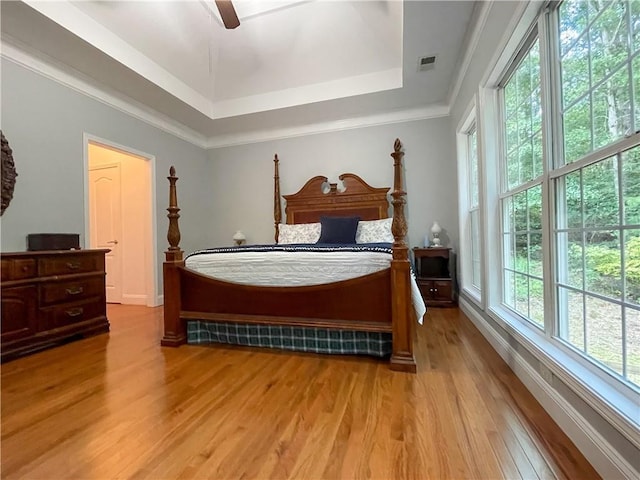 bedroom featuring multiple windows, light wood-type flooring, a raised ceiling, and ceiling fan