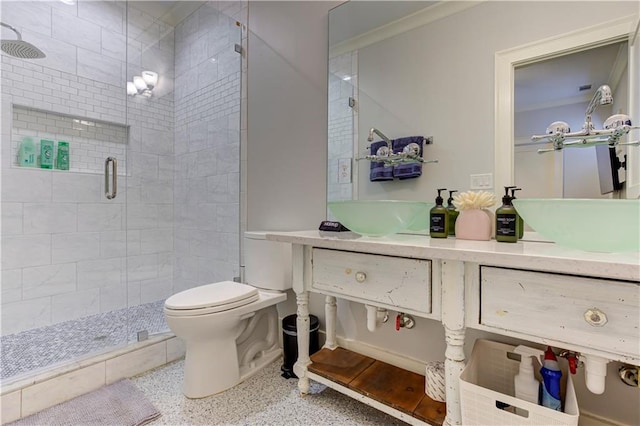 2972 Lookout Pl NE, Atlanta, GA 30305 - bathroom featuring a shower stall, vanity, and speckled floor