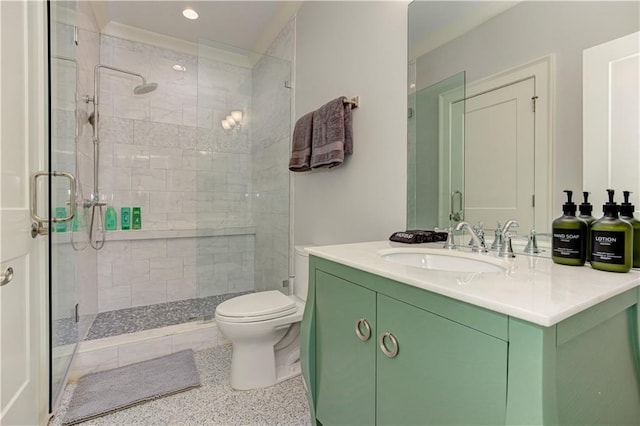 2972 Lookout Pl NE, Atlanta, GA 30305 - bathroom with a stall shower, vanity, speckled floor, and recessed lighting