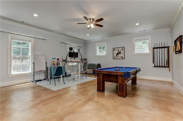 2972 Lookout Pl NE, Atlanta, GA 30305 - recreation room featuring concrete floors, ornamental molding, pool table, ceiling fan, and recessed lighting