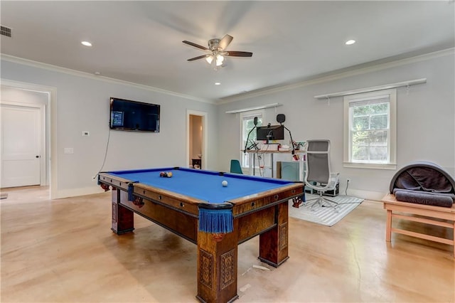 2972 Lookout Pl NE, Atlanta, GA 30305 - recreation room with finished concrete flooring, billiards table, a ceiling fan, ornamental molding, and recessed lighting