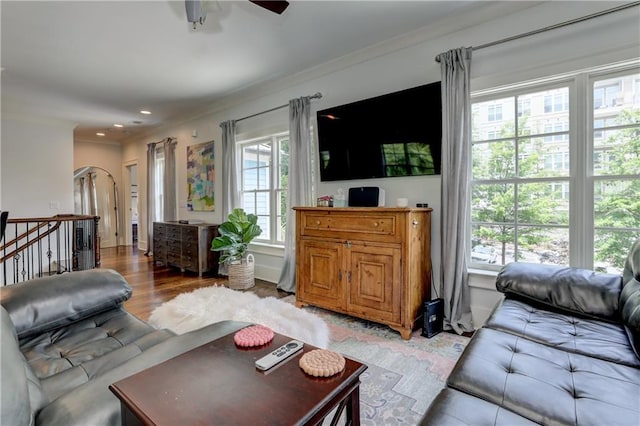 2972 Lookout Pl NE, Atlanta, GA 30305 - living room featuring ceiling fan, ornamental molding, light wood finished floors, and recessed lighting