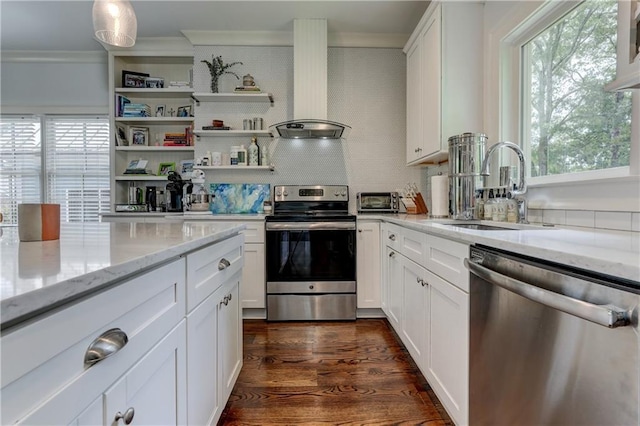 2972 Lookout Pl NE, Atlanta, GA 30305 - kitchen featuring stainless steel appliances, ventilation hood, crown molding, backsplash, and white cabinets