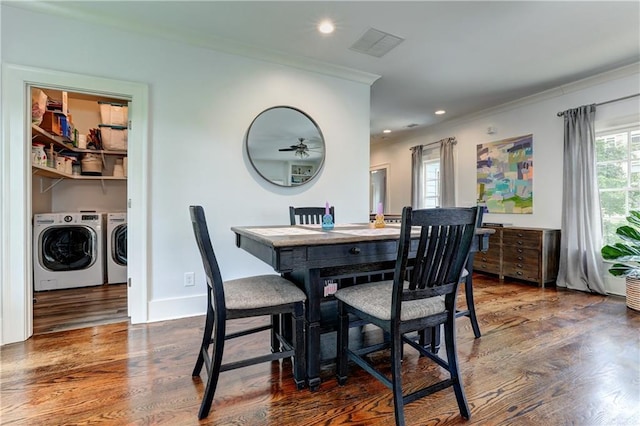 2972 Lookout Pl NE, Atlanta, GA 30305 - dining room featuring washing machine and dryer, ornamental molding, wood finished floors, and recessed lighting