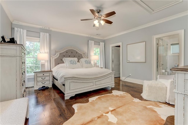 2972 Lookout Pl NE, Atlanta, GA 30305 - bedroom featuring crown molding, wood finished floors, a ceiling fan, and ensuite bathroom