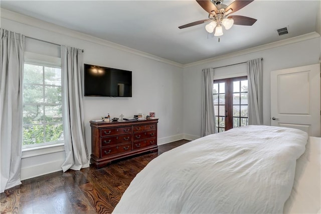 2972 Lookout Pl NE, Atlanta, GA 30305 - bedroom with dark wood-style floors, ornamental molding, and a ceiling fan
