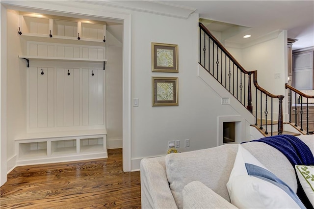 2972 Lookout Pl NE, Atlanta, GA 30305 - mudroom with dark wood-style flooring, recessed lighting, and ornamental molding