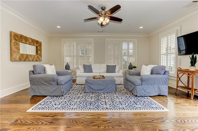 2972 Lookout Pl NE, Atlanta, GA 30305 - living area featuring crown molding, wood finished floors, a ceiling fan, and recessed lighting