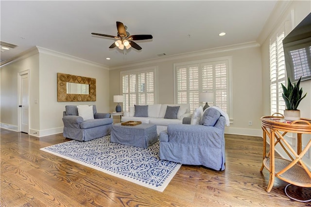 2972 Lookout Pl NE, Atlanta, GA 30305 - living room with wood finished floors, ceiling fan, ornamental molding, plenty of natural light, and recessed lighting
