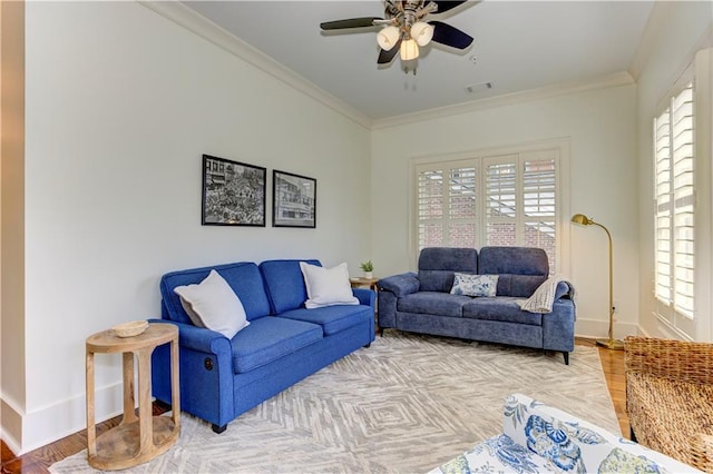 2972 Lookout Pl NE, Atlanta, GA 30305 - living room with a ceiling fan, ornamental molding, and wood finished floors