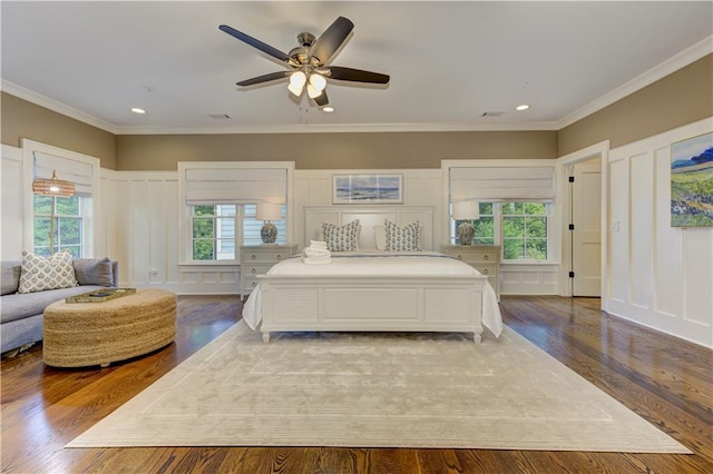 2972 Lookout Pl NE, Atlanta, GA 30305 - bedroom with a decorative wall, multiple windows, ornamental molding, wood finished floors, and recessed lighting