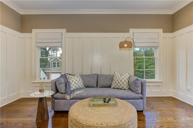 2972 Lookout Pl NE, Atlanta, GA 30305 - living area with a decorative wall, dark wood-style floors, and ornamental molding