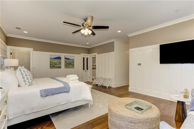 2972 Lookout Pl NE, Atlanta, GA 30305 - bedroom with wood finished floors, recessed lighting, crown molding, and ceiling fan
