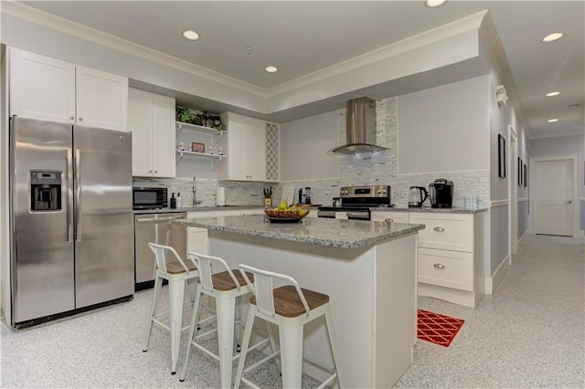 2972 Lookout Pl NE, Atlanta, GA 30305 - kitchen featuring stainless steel appliances, wall chimney range hood, open shelves, ornamental molding, and tasteful backsplash