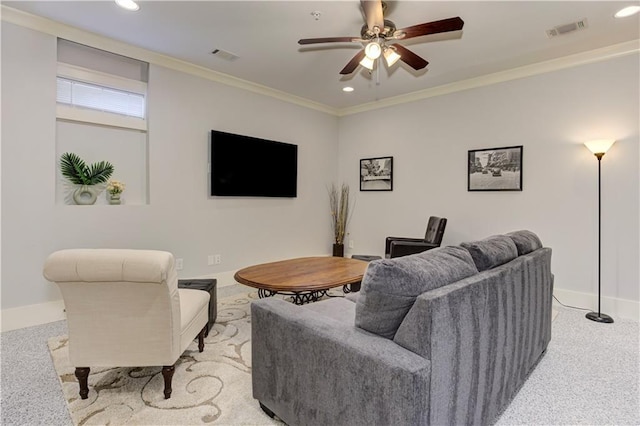2972 Lookout Pl NE, Atlanta, GA 30305 - living room with recessed lighting, ceiling fan, and ornamental molding