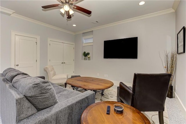 2972 Lookout Pl NE, Atlanta, GA 30305 - living area with a ceiling fan, crown molding, and recessed lighting