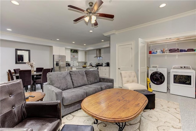 2972 Lookout Pl NE, Atlanta, GA 30305 - living area with washer and clothes dryer, crown molding, a ceiling fan, recessed lighting, and dark speckled floor