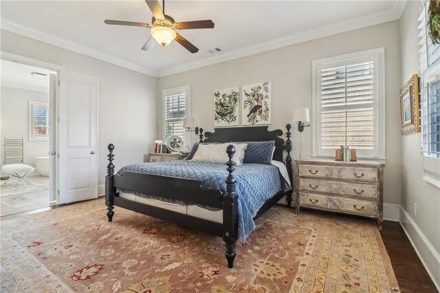dining space with visible vents, dark wood-style flooring, stairs, wainscoting, and crown molding