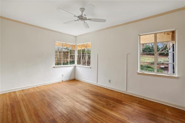 spare room featuring wood-type flooring, ceiling fan, and crown molding