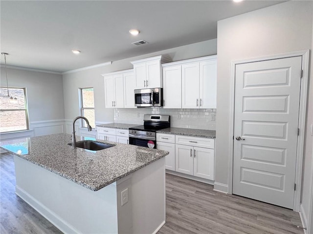 635 Forest Way, Cornelia, GA 30531 - kitchen featuring stainless steel appliances, a sink, light wood-style floors, an island with sink, and light stone counters