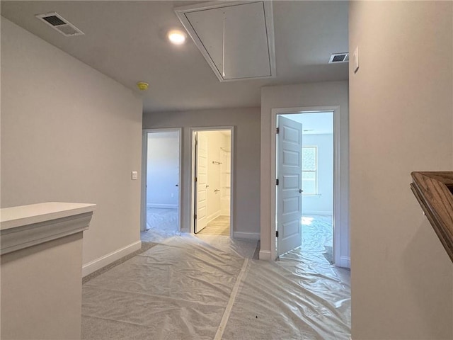 635 Forest Way, Cornelia, GA 30531 - hall with attic access, baseboards, and light colored carpet