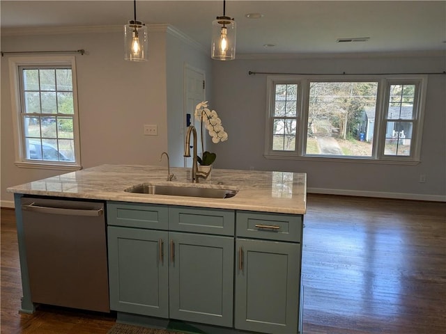 kitchen featuring hanging light fixtures, stainless steel dishwasher, a wealth of natural light, and sink