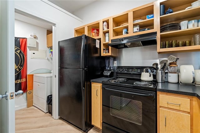 kitchen with under cabinet range hood, light wood finished floors, open shelves, black appliances, and dark countertops