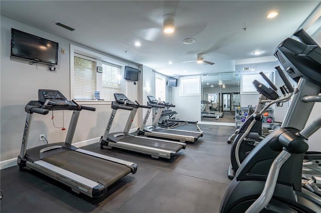 gym with a ceiling fan, recessed lighting, baseboards, and visible vents