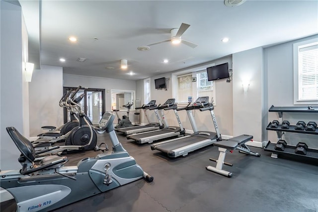 gym featuring baseboards, a ceiling fan, and recessed lighting