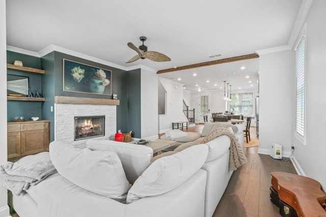 5217 Riden Ct Unit 263, Buford, GA 30518 - living area featuring recessed lighting, wood-type flooring, crown molding, a ceiling fan, and baseboards
