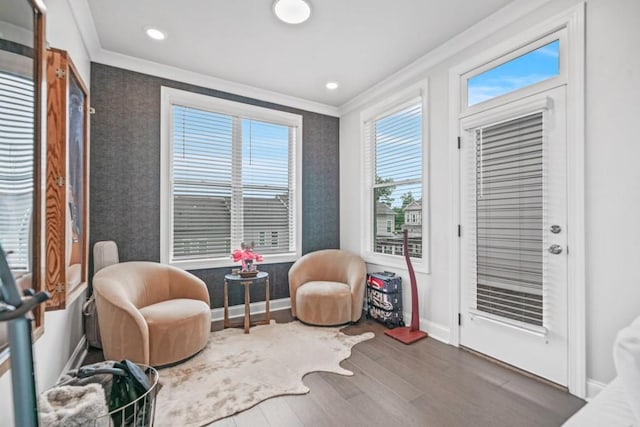 5217 Riden Ct Unit 263, Buford, GA 30518 - living area with ornamental molding, wood finished floors, baseboards, and recessed lighting