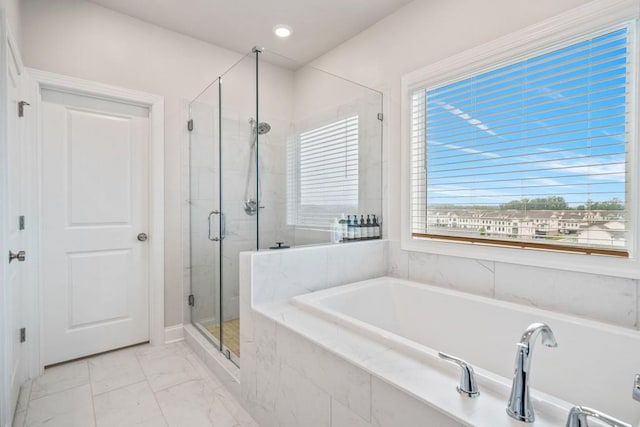 5217 Riden Ct Unit 263, Buford, GA 30518 - full bath with a stall shower, a bath, marble finish floors, and recessed lighting