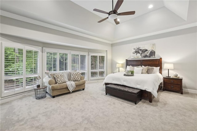 bedroom with carpet flooring, a ceiling fan, and lofted ceiling