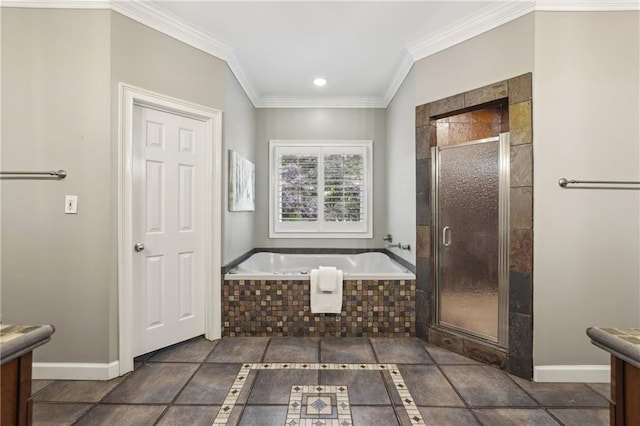 full bath with a bath, a shower stall, vanity, crown molding, and baseboards