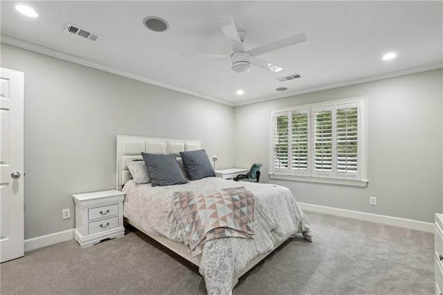 bedroom with ornamental molding, recessed lighting, baseboards, carpet flooring, and a ceiling fan
