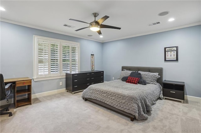 bedroom with ornamental molding, baseboards, carpet floors, recessed lighting, and ceiling fan