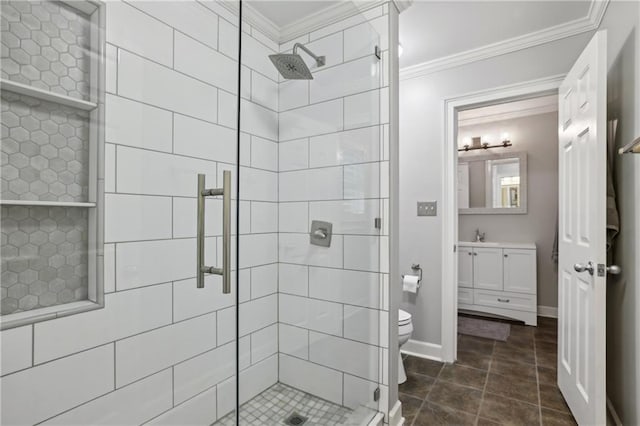 bathroom featuring crown molding, a stall shower, toilet, and vanity