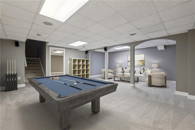 playroom with a drop ceiling, carpet flooring, pool table, and baseboards