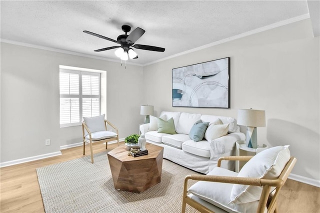 living area with light wood-type flooring, baseboards, ornamental molding, and a textured ceiling