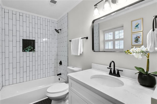 full bath featuring toilet, vanity, visible vents, shower / washtub combination, and crown molding