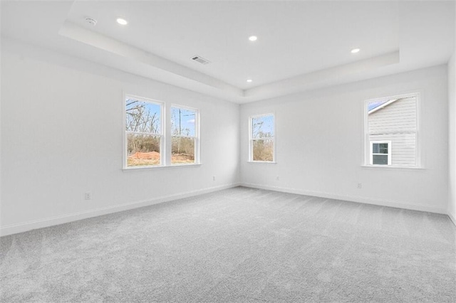 carpeted empty room with a tray ceiling