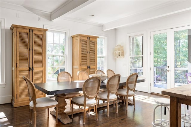 dining room with baseboards, wood finished floors, french doors, and beamed ceiling